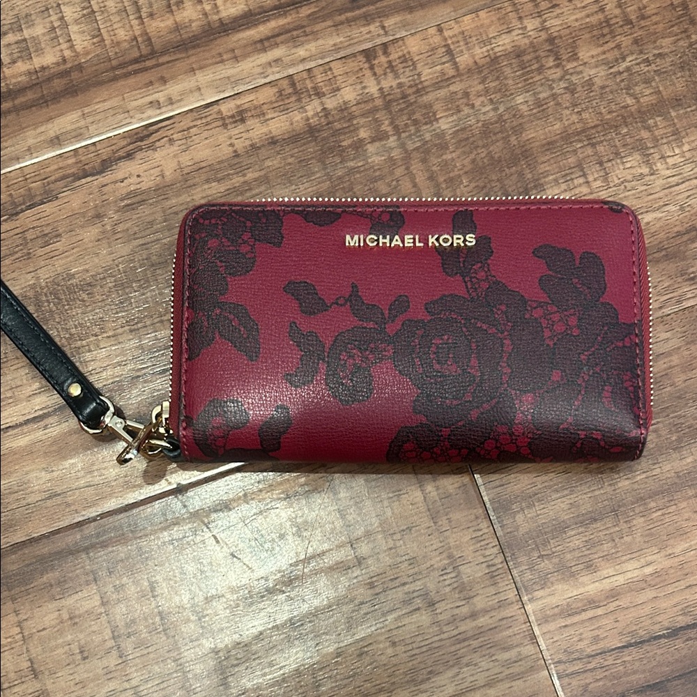 Michael Kors Burgundy Floral Tote and Wristlet Wallet Combo - Picture 5 of 8
